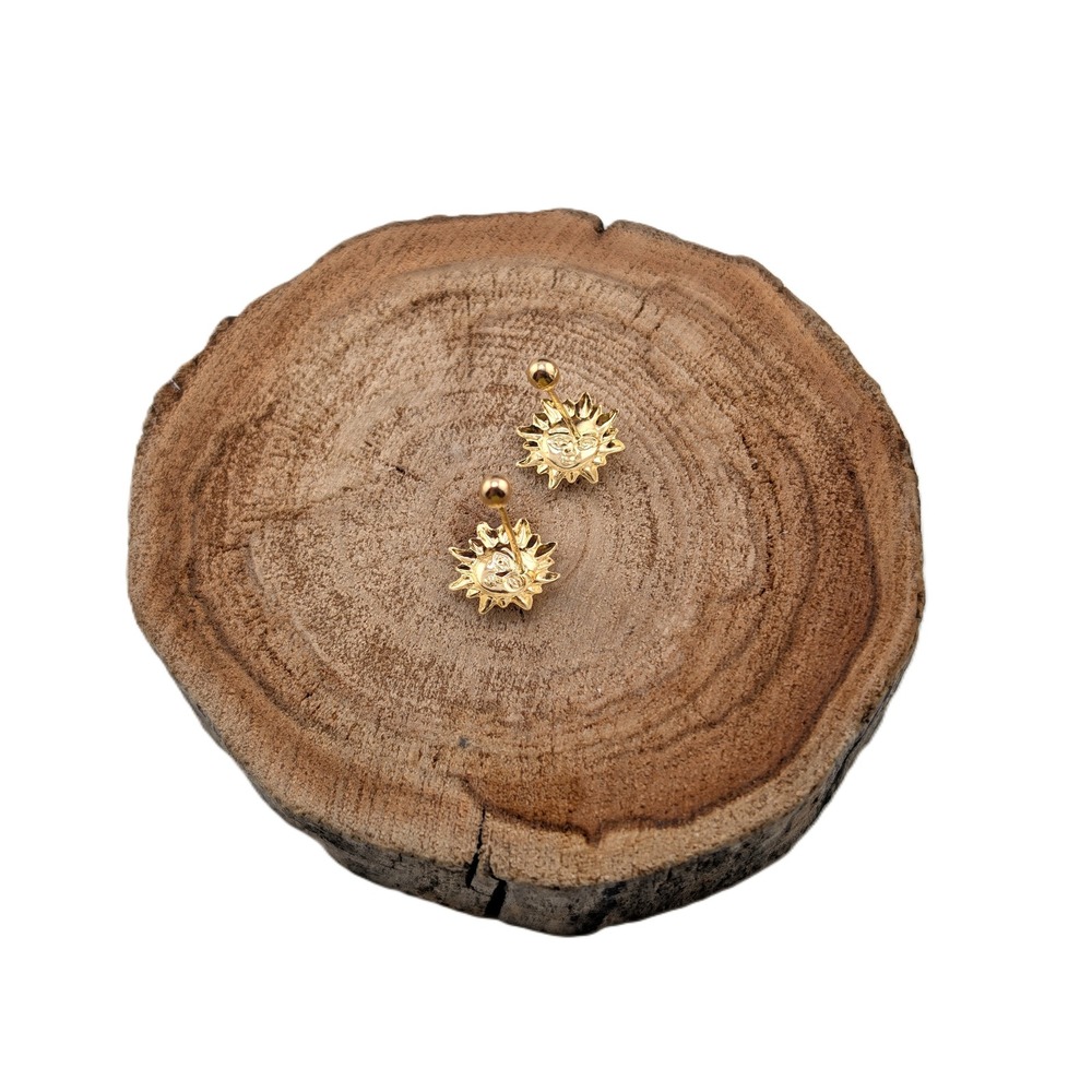 14K Solid Gold Sun Face Stud Earrings Celestial Sun ray Studs - Picture 9 of 9